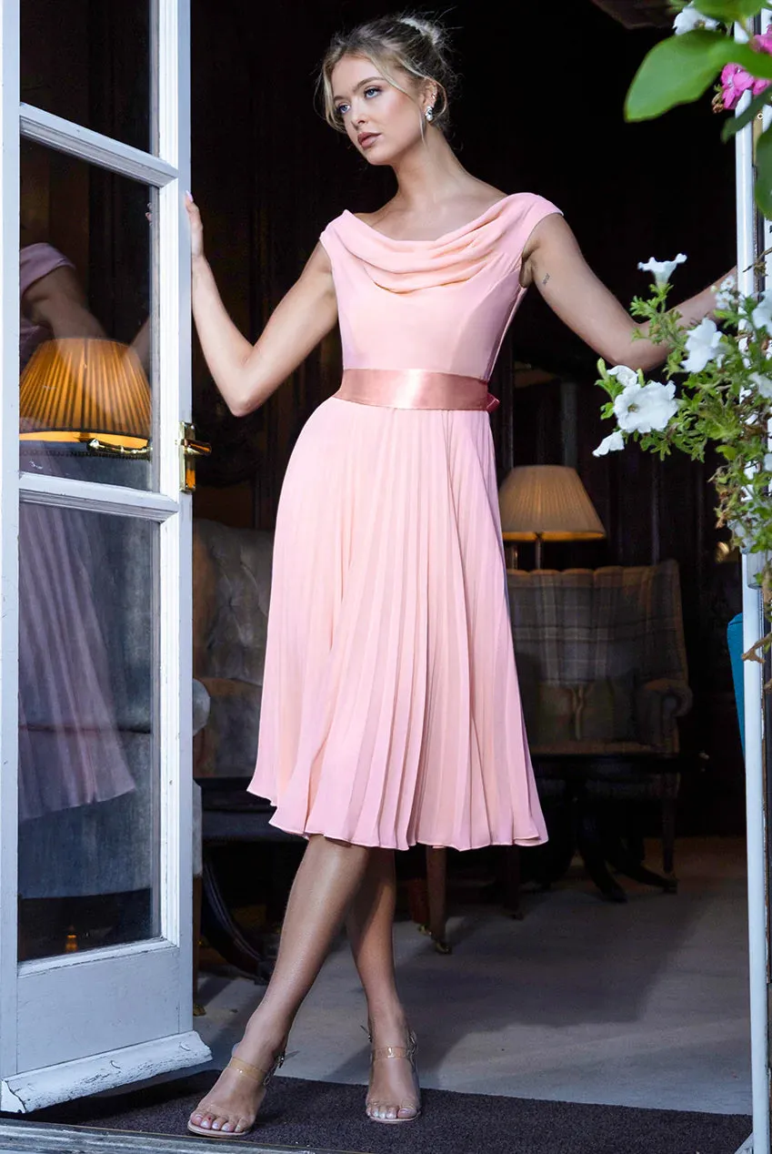 Cowl Neck Pleated A-Line Chiffon Midi Dress - Blush Pink by Goddiva sold by Goddiva