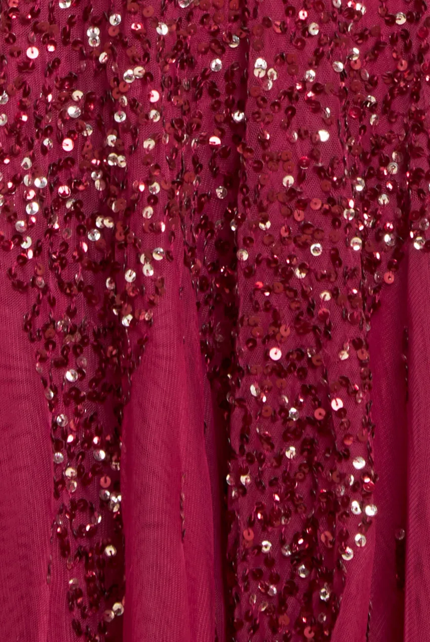 Sunray Hand Embellished Sequin A-Line Bell Sleeve Maxi Dress - Burgundy by Goddiva sold by Goddiva product image thumbnail 4