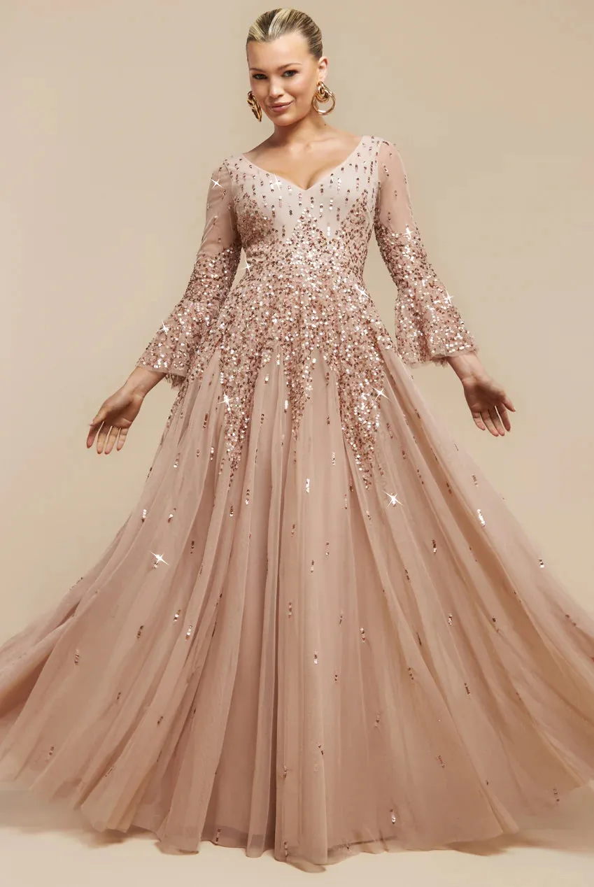 Sunray Hand Embellished Sequin A-Line Bell Sleeve Maxi Dress - Champagne by Goddiva sold by Goddiva