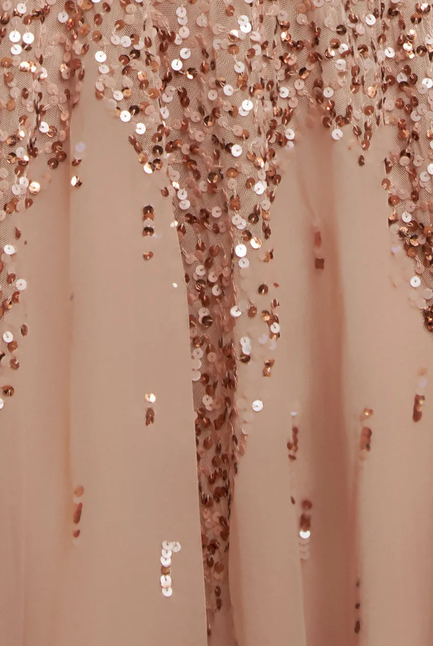 Sunray Hand Embellished Sequin A-Line Bell Sleeve Maxi Dress - Champagne by Goddiva sold by Goddiva product image thumbnail 4