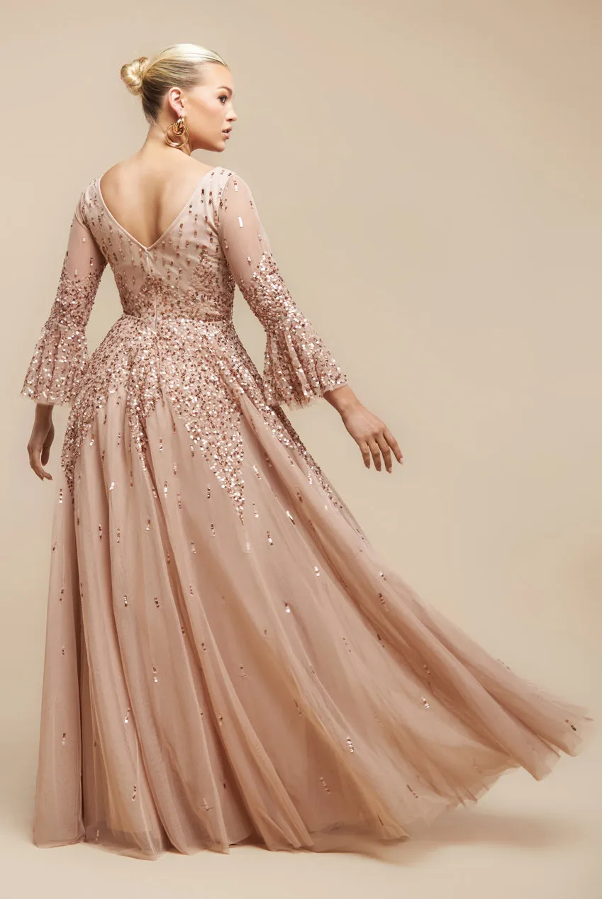 Sunray Hand Embellished Sequin A-Line Bell Sleeve Maxi Dress - Champagne by Goddiva sold by Goddiva product image thumbnail 2