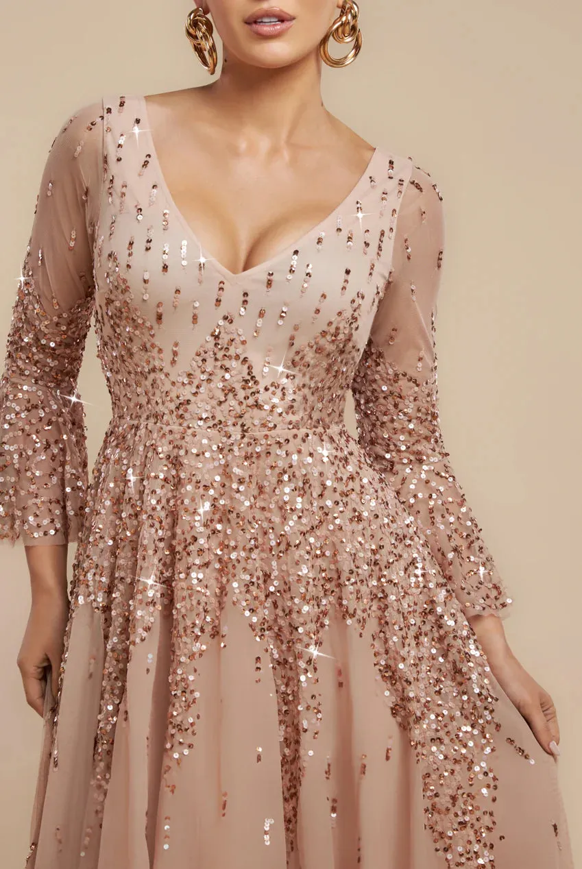Sunray Hand Embellished Sequin A-Line Bell Sleeve Maxi Dress - Champagne by Goddiva sold by Goddiva product image thumbnail 3