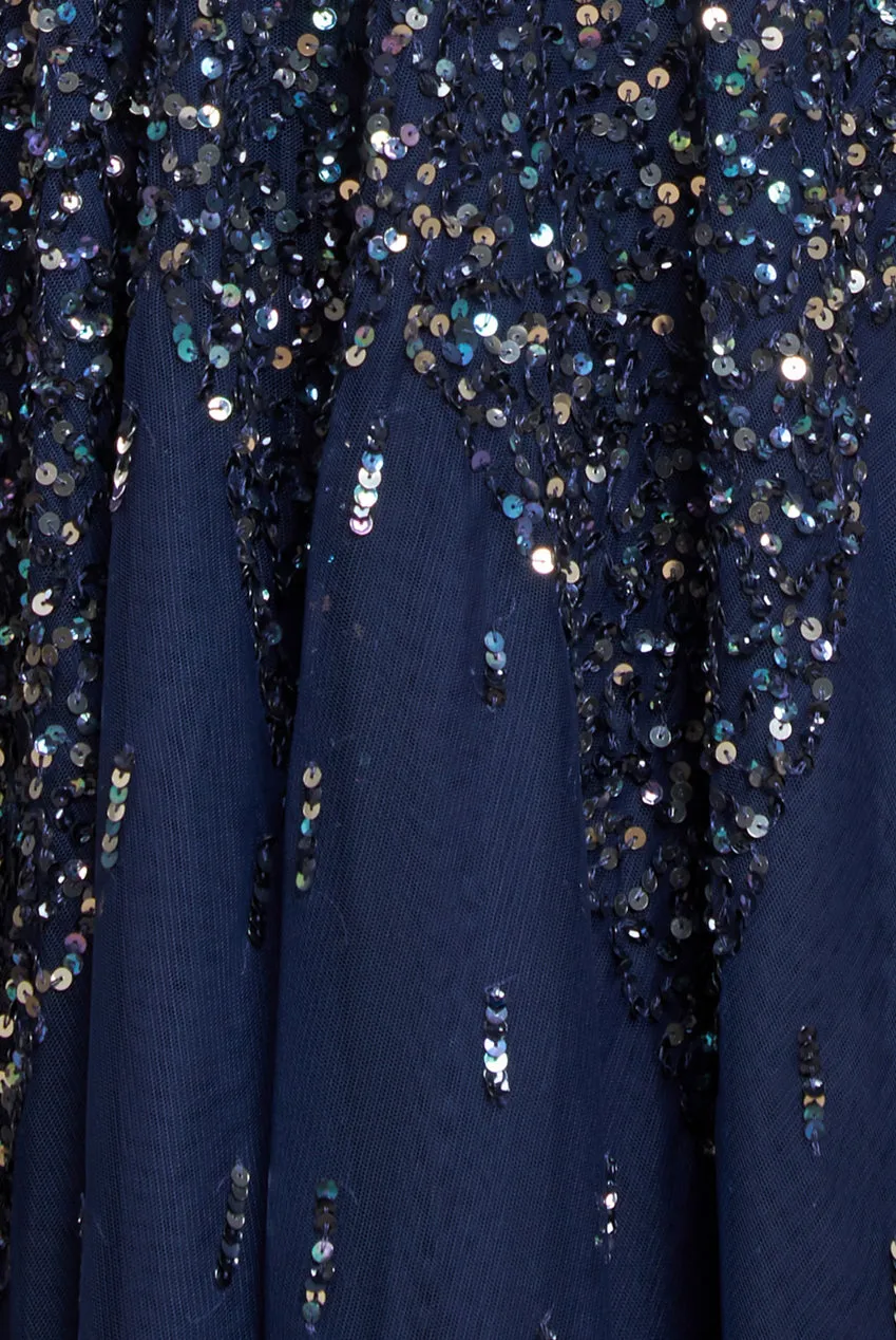 Sunray Hand Embellished Sequin A-Line Bell Sleeve Maxi Dress - Navy Blue by Goddiva sold by Goddiva product image thumbnail 4