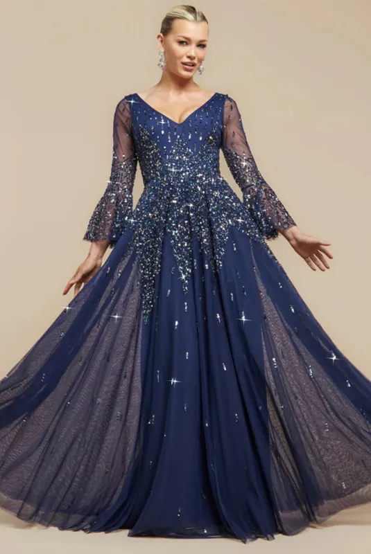 Sunray Hand Embellished Sequin A-Line Bell Sleeve Maxi Dress - Navy Blue by Goddiva sold by Goddiva