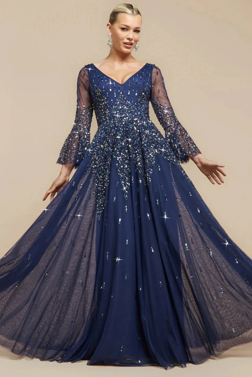 Sunray Hand Embellished Sequin A-Line Bell Sleeve Maxi Dress - Navy Blue by Goddiva sold by Goddiva