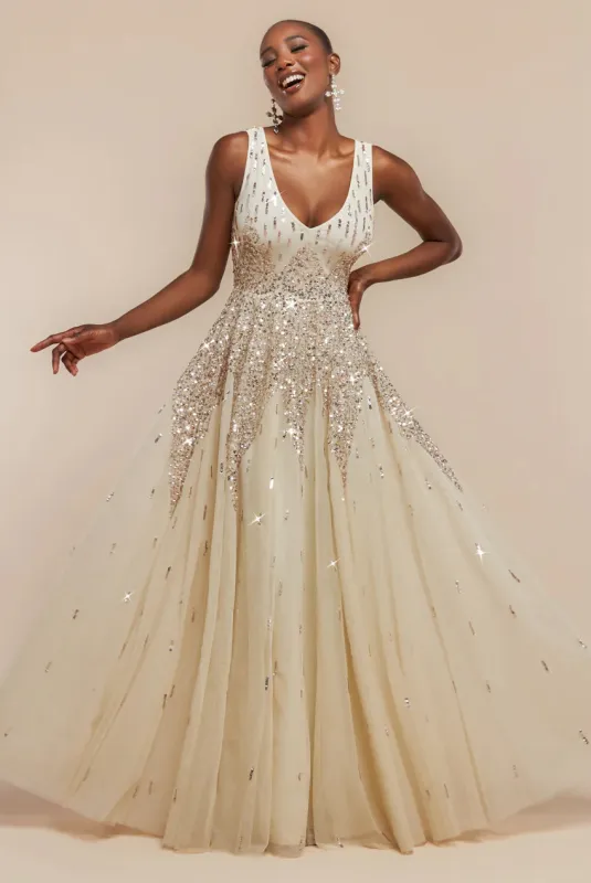 Sunray Hand Embellished Sequin A-Line Sleeveless Maxi Dress - Ivory by Goddiva sold by Goddiva