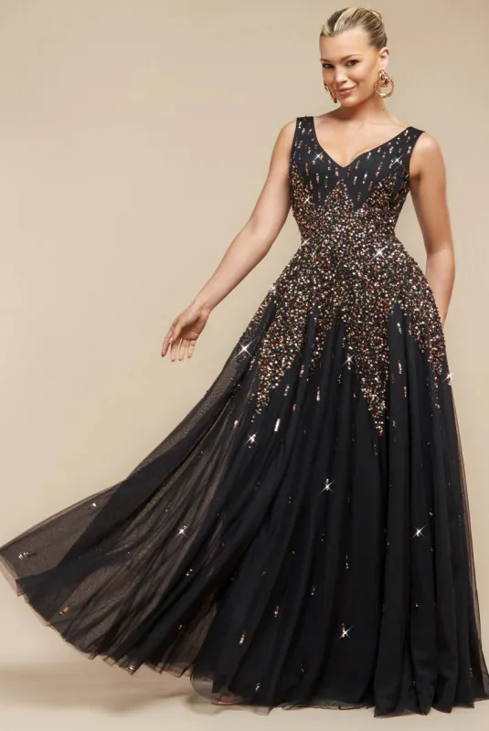 Sunray Hand Embellished Sequin A-Line Sleeveless Maxi Dress - Black by Goddiva sold by Goddiva