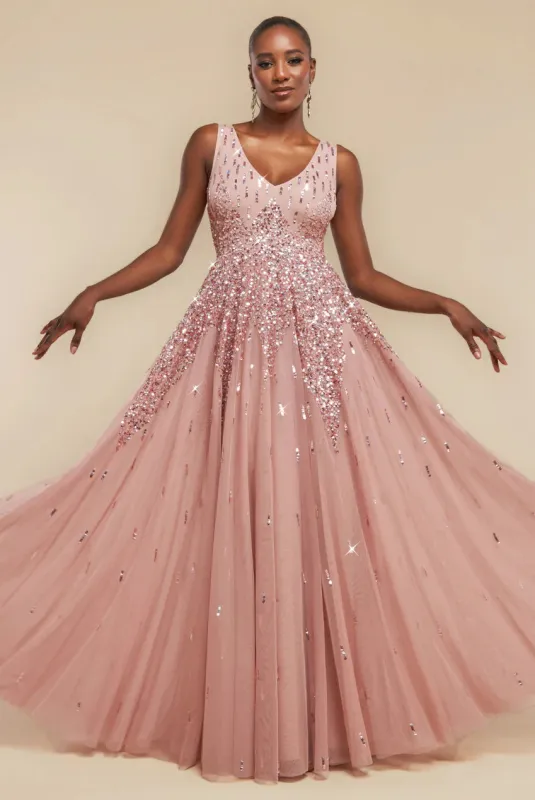 Sunray Hand Embellished Sequin A-Line Sleeveless Maxi Dress - Blush Pink by Goddiva sold by Goddiva