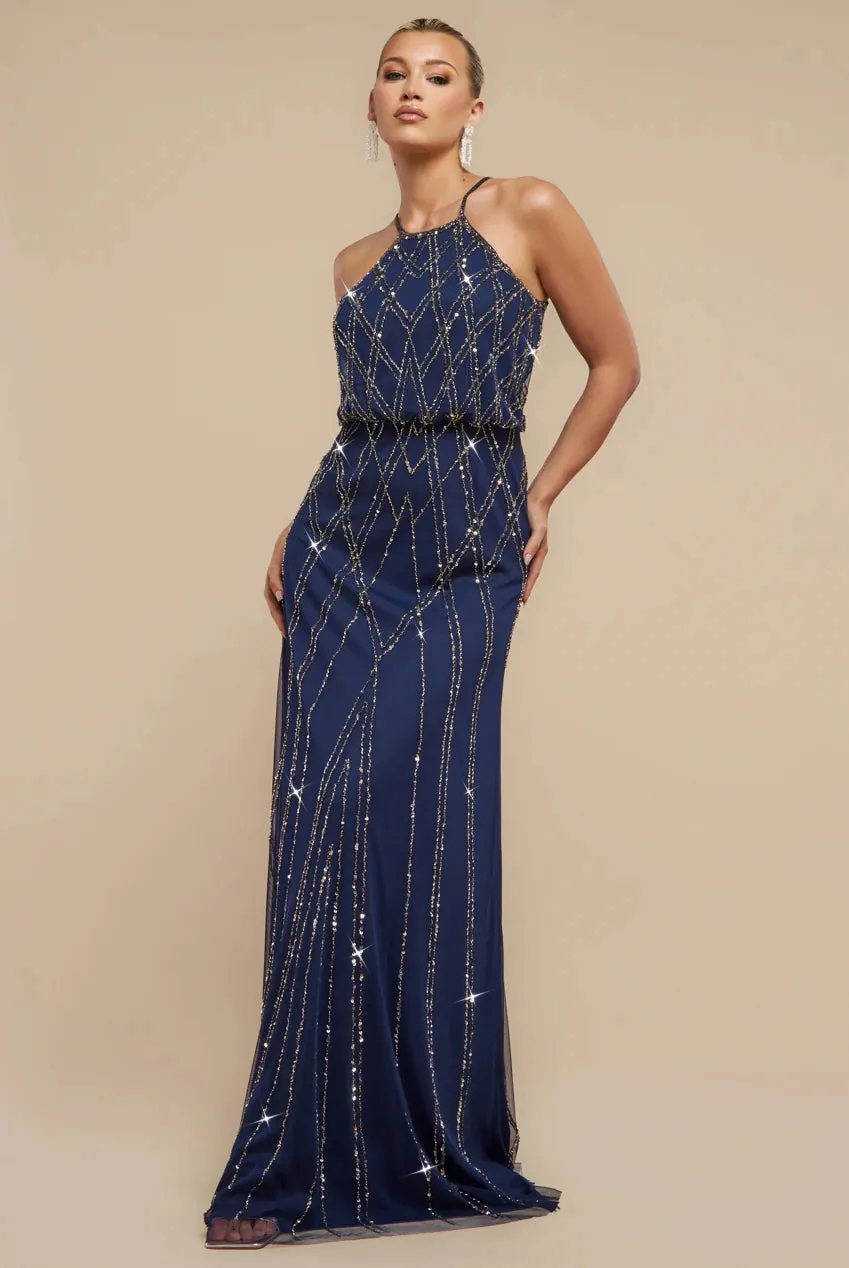 Racer Neck Sleeveless Hand Embellished Sequin Maxi Dress - Navy Blue by Goddiva sold by Goddiva