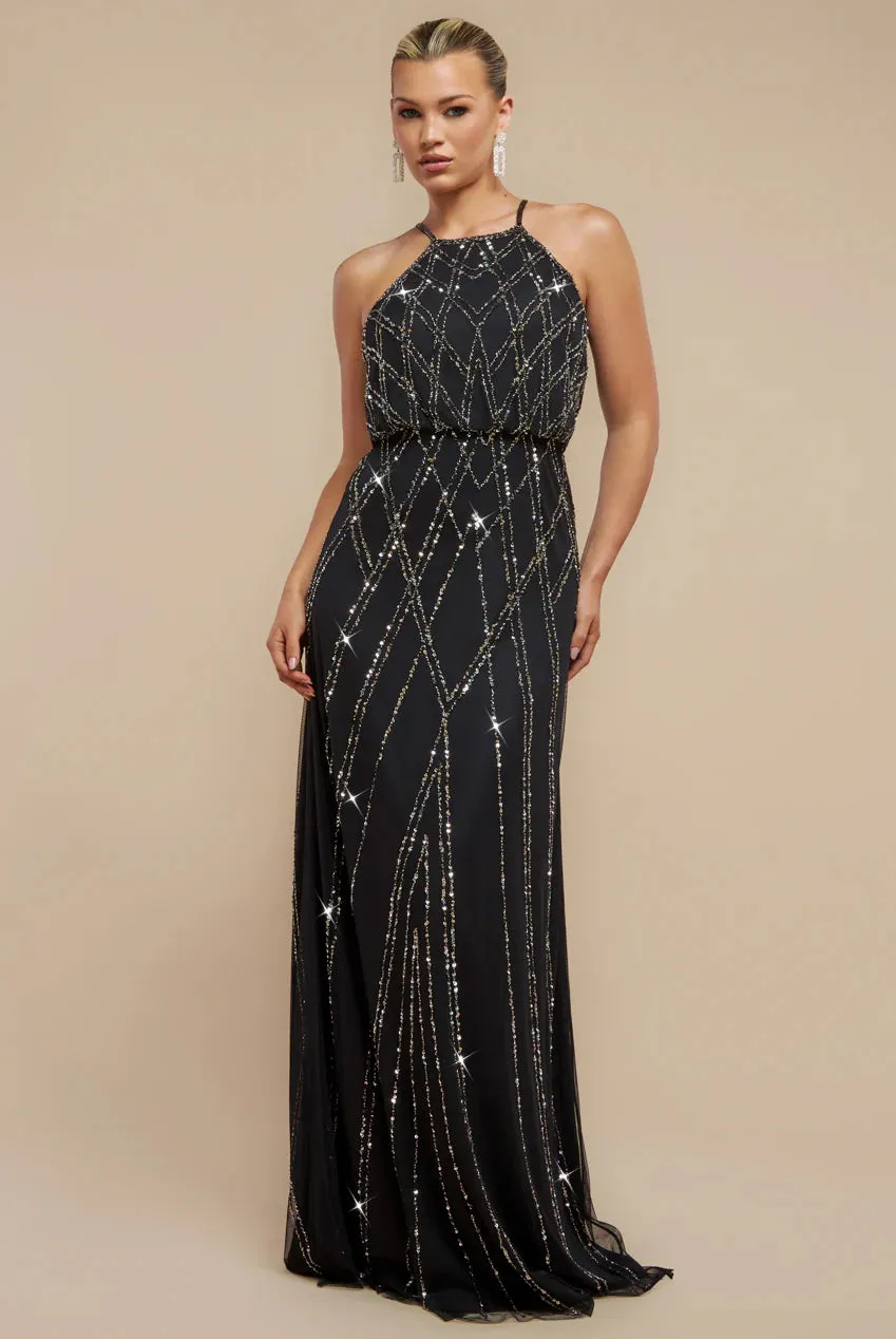 Racer Neck Sleeveless Hand Embellished Sequin Maxi Dress - Black by Goddiva sold by Goddiva