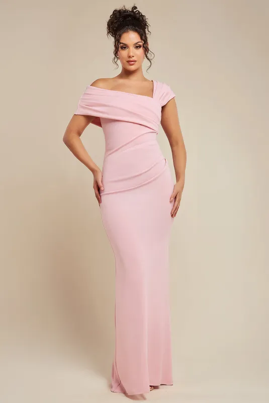 One Shoulder Scuba Crepe Evening Maxi Dress - Blush Pink by Goddiva sold by Goddiva
