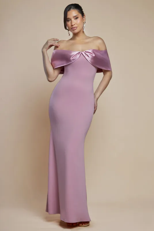 Twist Knot Satin & Scuba Bardot Maxi Dress - Blush Pink by Goddiva sold by Goddiva
