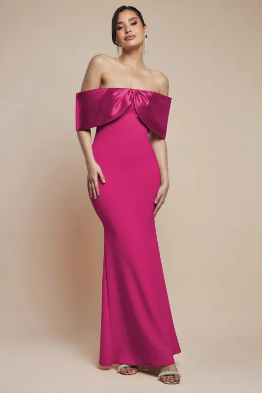 Twist Knot Satin & Scuba Bardot Maxi Dress - Magenta by Goddiva sold by Goddiva
