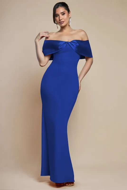 Twist Knot Satin & Scuba Bardot Maxi Dress - Royal Blue by Goddiva sold by Goddiva