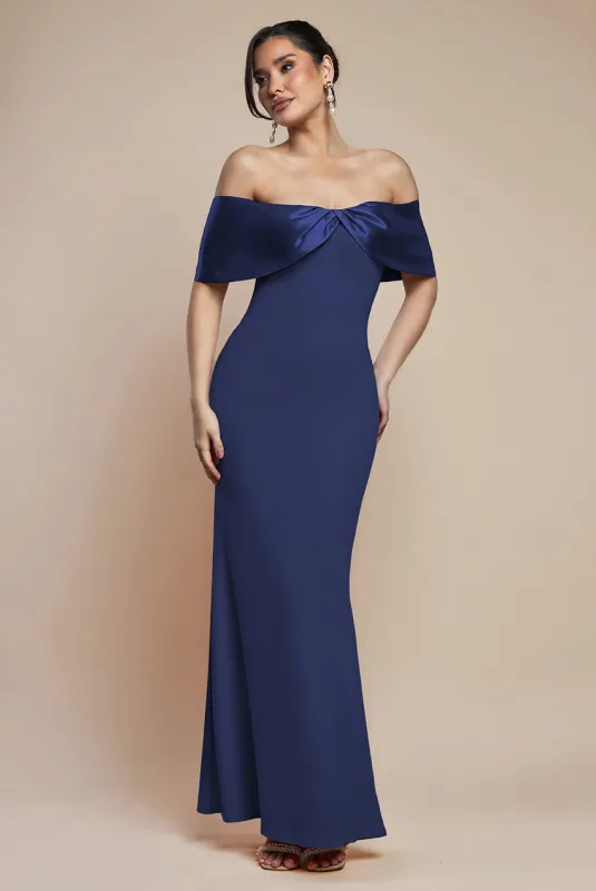 Twist Knot Satin & Scuba Bardot Maxi Dress - Navy Blue by Goddiva sold by Goddiva