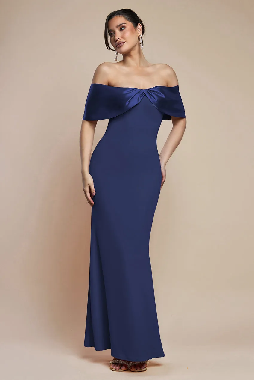 Twist Knot Satin & Scuba Bardot Maxi Dress - Navy Blue by Goddiva sold by Goddiva
