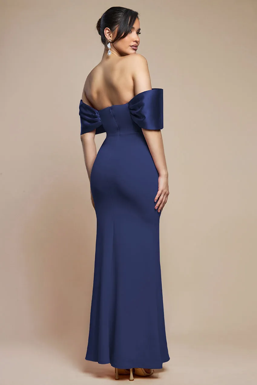 Twist Knot Satin & Scuba Bardot Maxi Dress - Navy Blue by Goddiva sold by Goddiva product image thumbnail 3