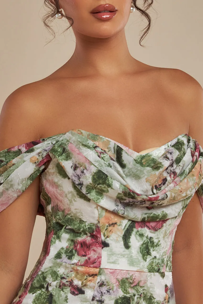 Cowl Neck Floral Print Jacquard Chiffon Maxi Dress - Cream by Goddiva sold by Goddiva product image thumbnail 3