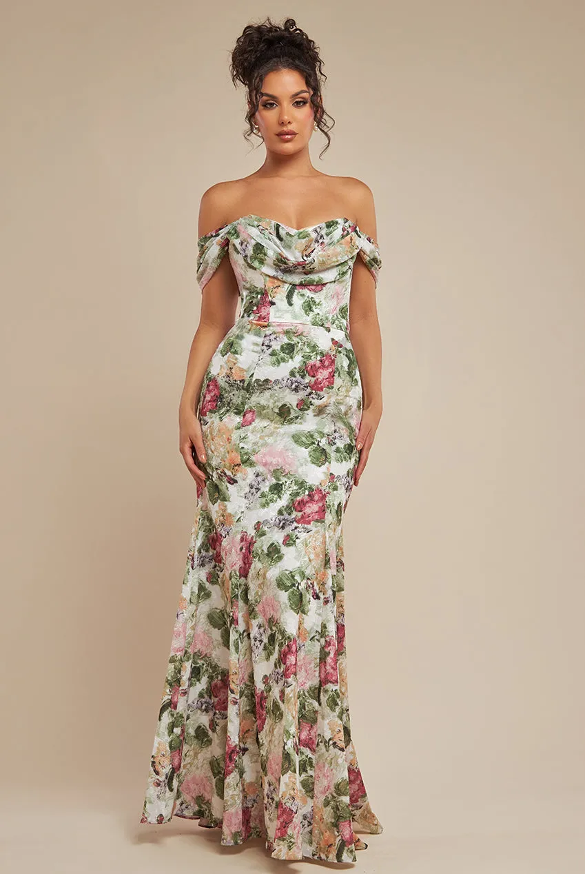 Cowl Neck Floral Print Jacquard Chiffon Maxi Dress - Cream by Goddiva sold by Goddiva