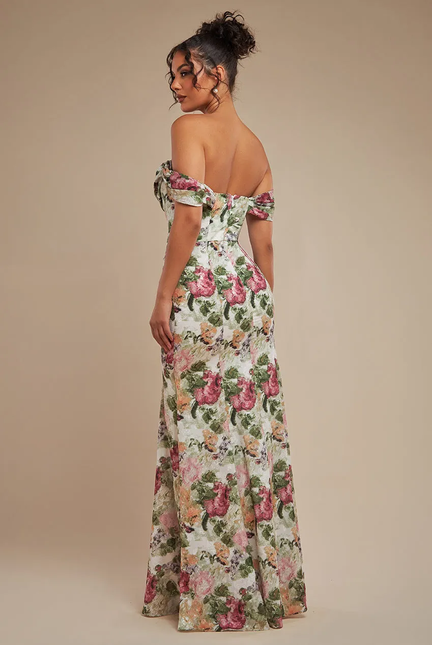 Cowl Neck Floral Print Jacquard Chiffon Maxi Dress - Cream by Goddiva sold by Goddiva product image thumbnail 2