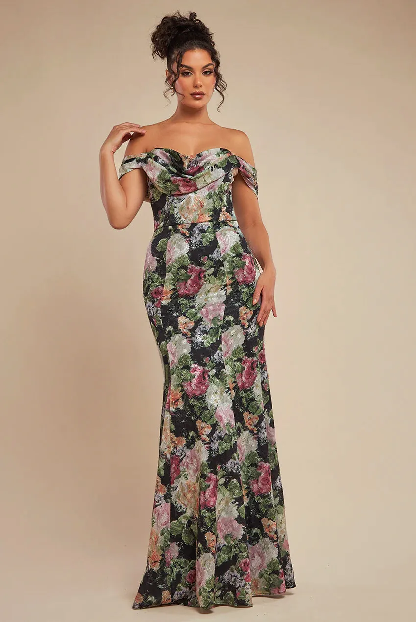 Cowl Neck Floral Print Jacquard Chiffon Maxi Dress - Black by Goddiva sold by Goddiva