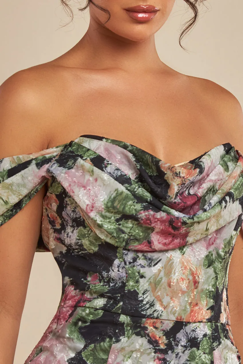 Cowl Neck Floral Print Jacquard Chiffon Maxi Dress - Black by Goddiva sold by Goddiva product image thumbnail 3