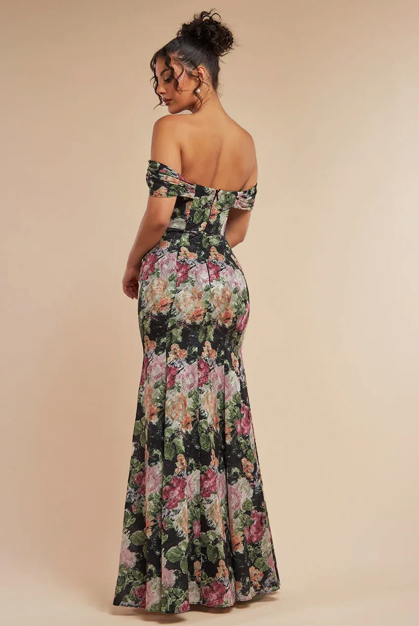 Cowl Neck Floral Print Jacquard Chiffon Maxi Dress - Black by Goddiva sold by Goddiva product image thumbnail 2