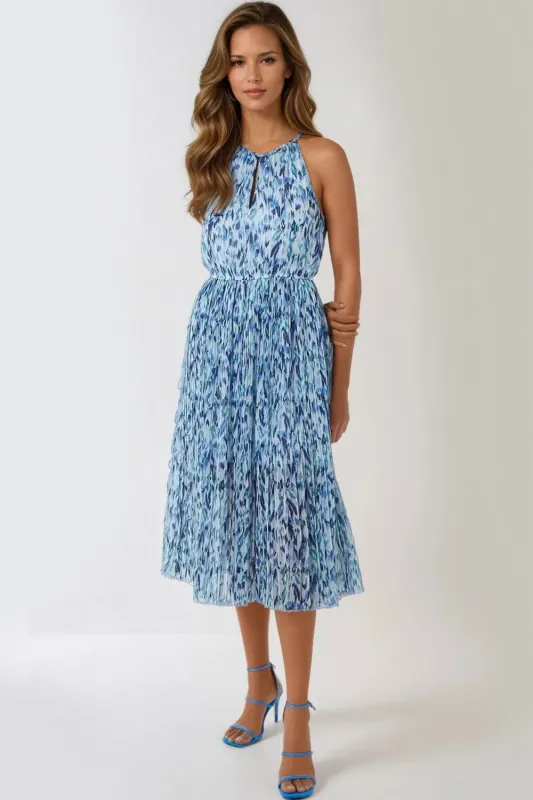 Blue Abstract Print Halterneck Midi Dress by Aftershock London sold by Goddiva