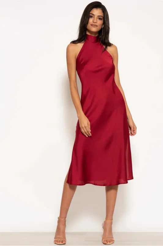 Halterneck Satin Midi Dress by Urban Touch sold by Goddiva