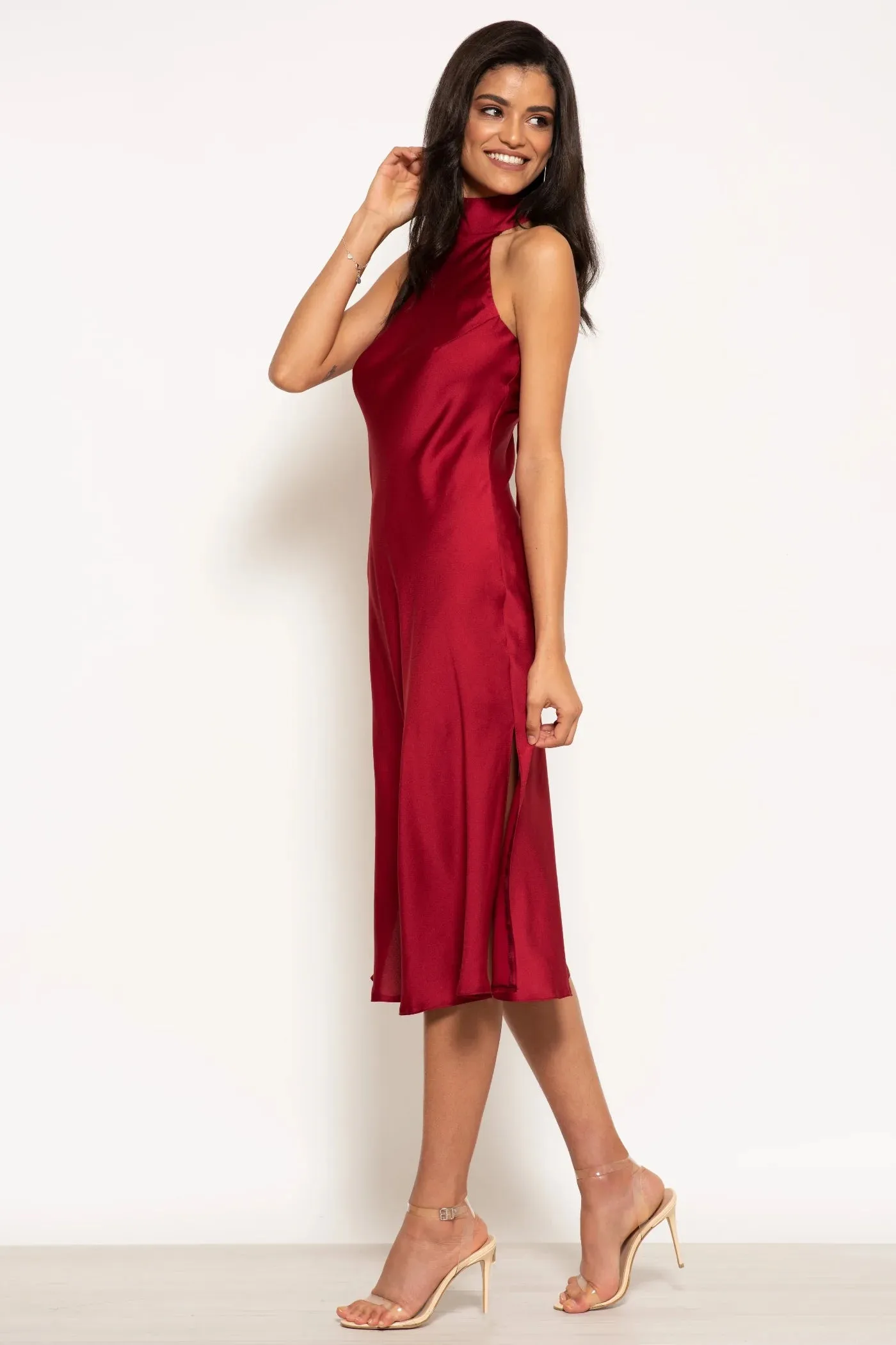 Halterneck Satin Midi Dress by Urban Touch sold by Goddiva product image thumbnail 3