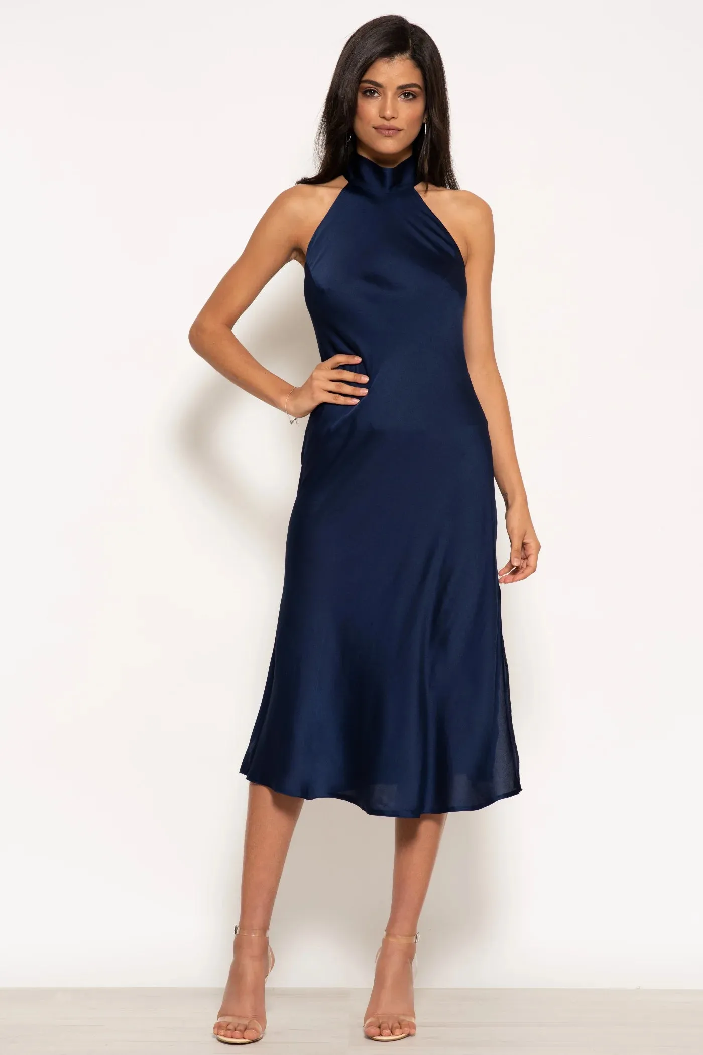 Halterneck Satin Midi Dress by Urban Touch sold by Goddiva