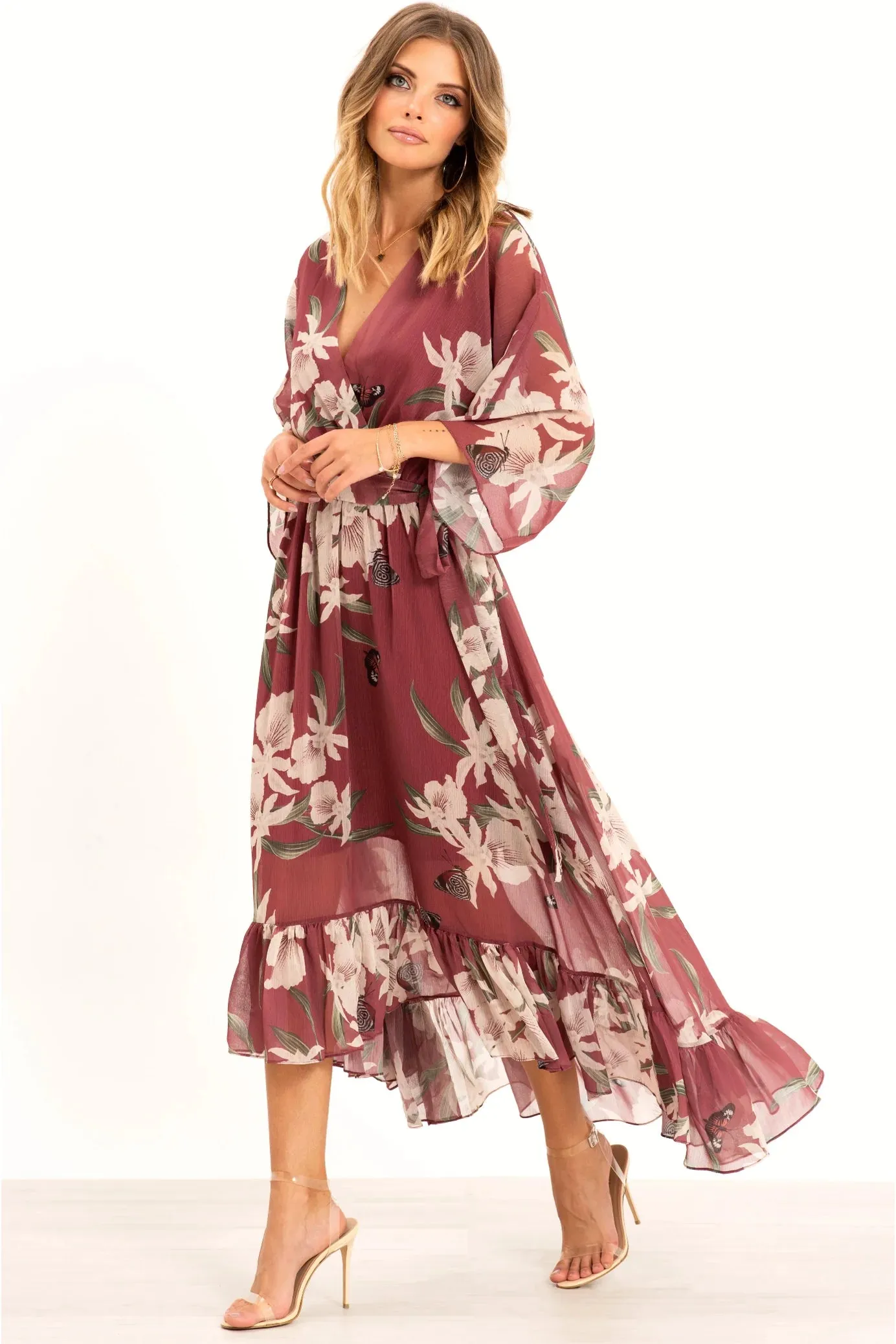 Kimono Wrap Floral Dress by Urban Touch sold by Goddiva