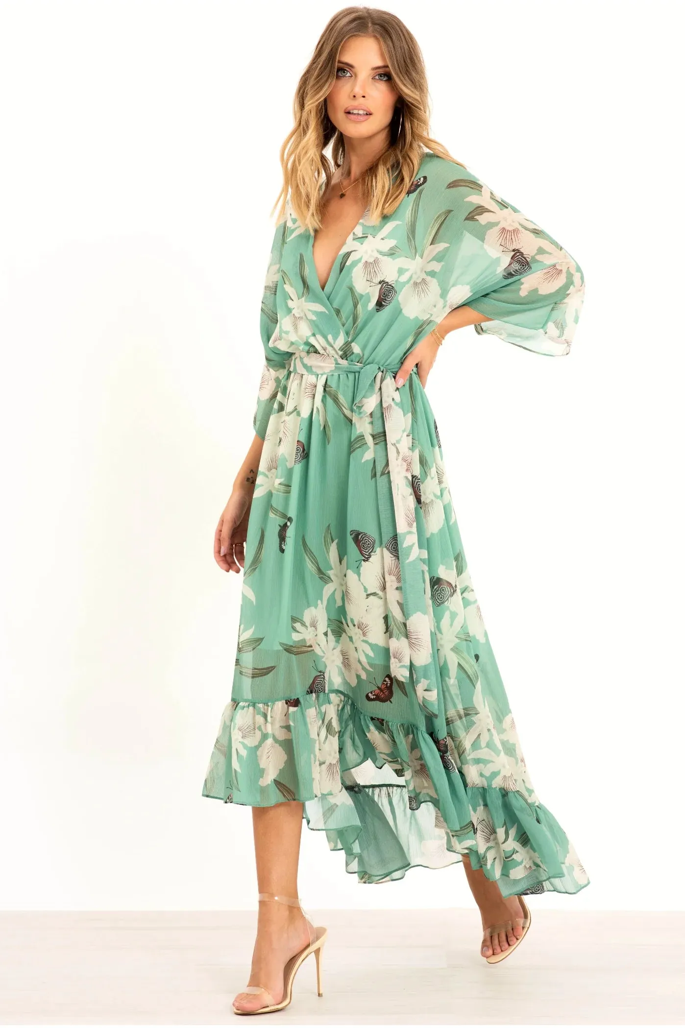 Kimono Wrap Floral Dress by Urban Touch sold by Goddiva