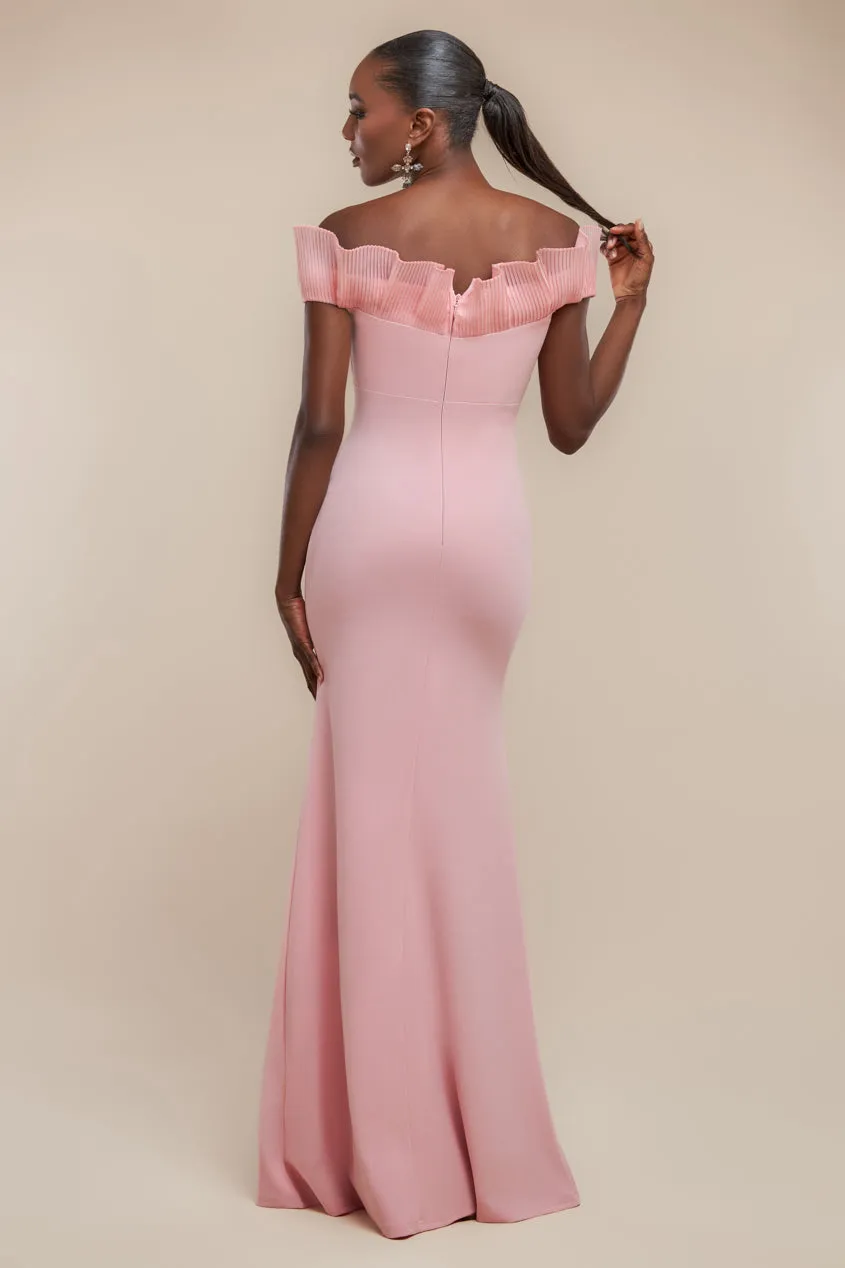 Fan Pleated Bardot Scuba Crepe Maxi Dress - Blush Pink by Goddiva sold by Goddiva product image thumbnail 2