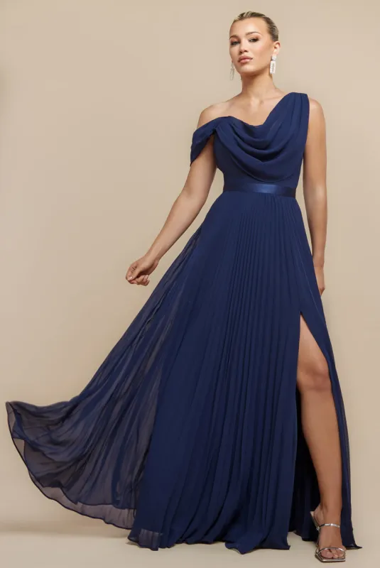 Cowl Neck One Shoulder A Line Chiffon Maxi Dress - Navy Blue by Goddiva sold by Goddiva