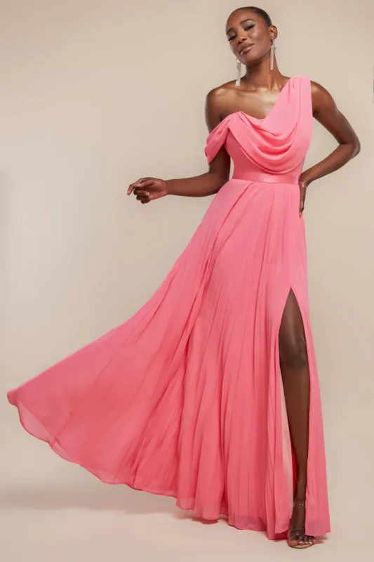 Cowl Neck One Shoulder A Line Chiffon Maxi Dress - Coral by Goddiva sold by Goddiva