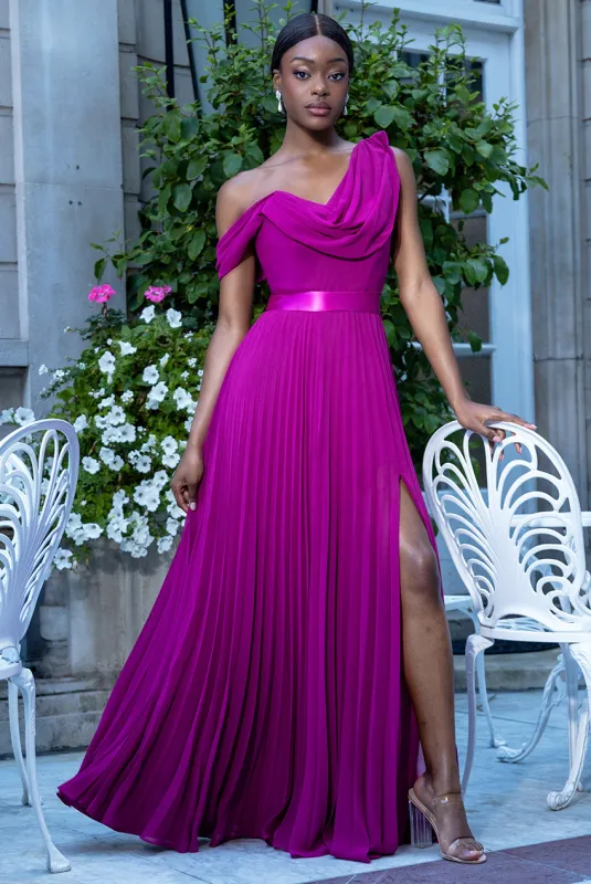 Cowl Neck One Shoulder A Line Chiffon Maxi Dress - Magenta by Goddiva sold by Goddiva