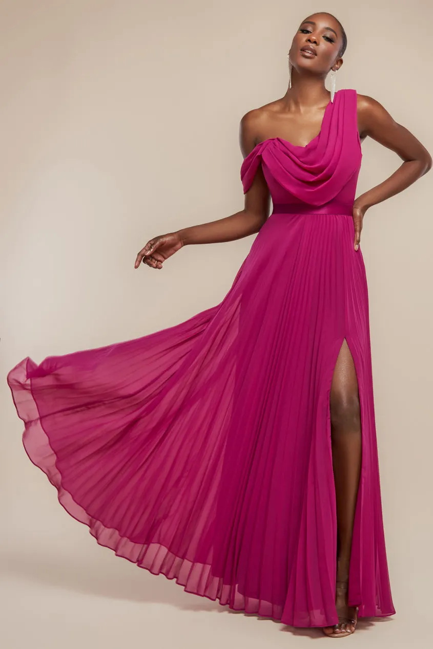 Cowl Neck One Shoulder A Line Chiffon Maxi Dress - Magenta by Goddiva sold by Goddiva product image thumbnail 2
