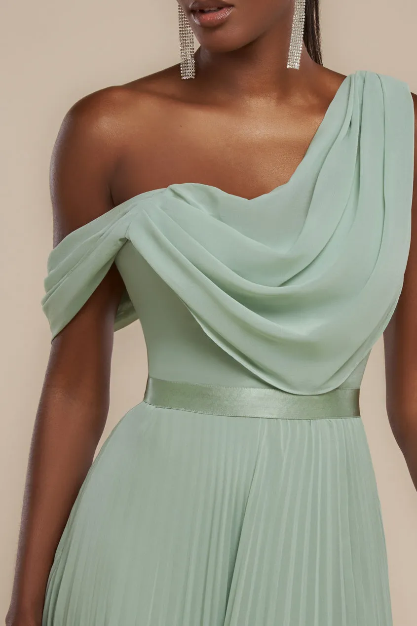 Cowl Neck One Shoulder A Line Chiffon Maxi Dress - Sage Green by Goddiva sold by Goddiva product image thumbnail 3