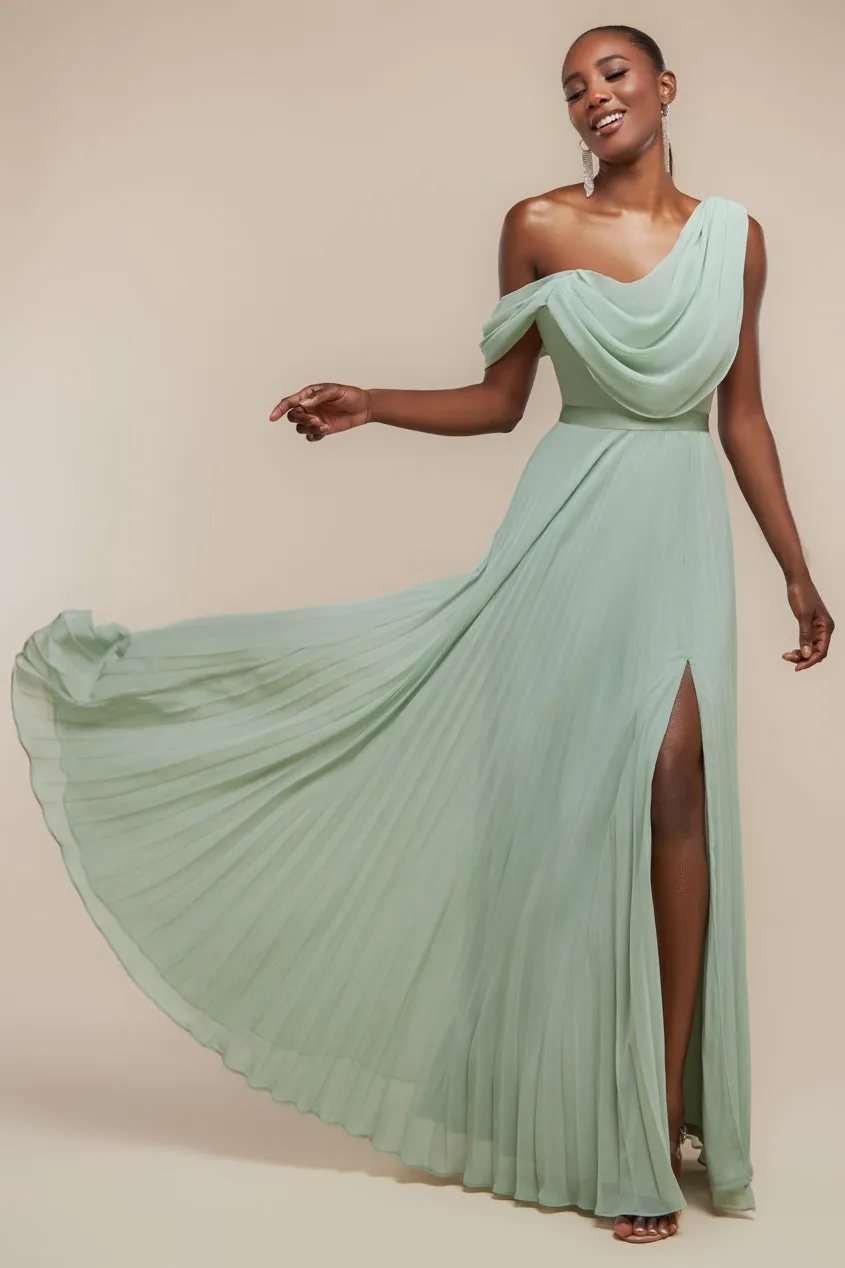 Cowl Neck One Shoulder A Line Chiffon Maxi Dress - Sage Green by Goddiva sold by Goddiva
