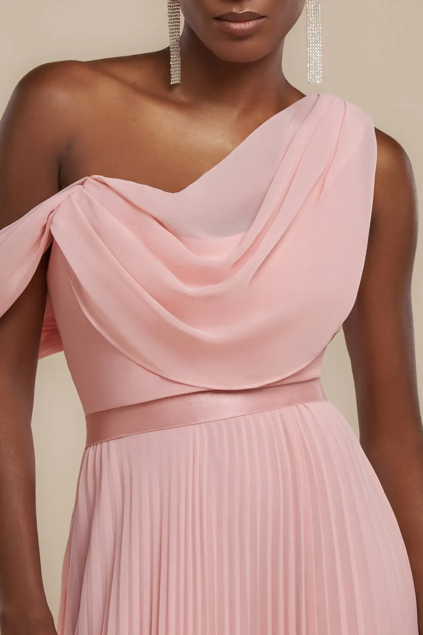 Cowl Neck One Shoulder A Line Chiffon Maxi Dress - Blush Pink by Goddiva sold by Goddiva product image thumbnail 3