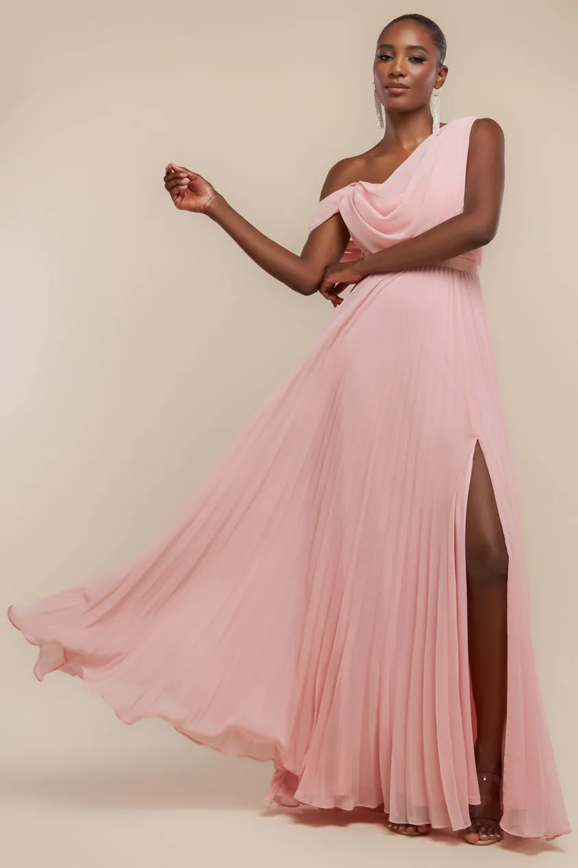 Cowl Neck One Shoulder A Line Chiffon Maxi Dress - Blush Pink by Goddiva sold by Goddiva