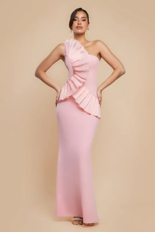 One Shoulder Pleated Fan Maxi Dress - Blush Pink by Goddiva sold by Goddiva