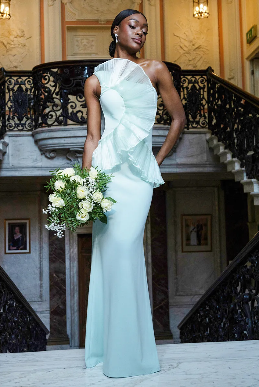 One Shoulder Pleated Fan Maxi Dress - Mint Green by Goddiva sold by Goddiva