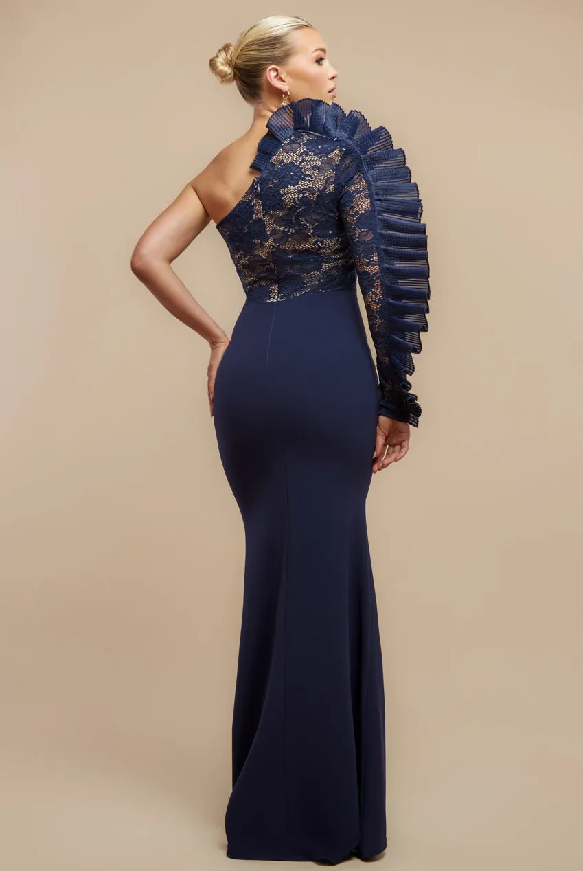 One Shoulder Organza Fan Detail Lace Bodice Maxi Dress - Navy Blue by Goddiva sold by Goddiva product image thumbnail 2