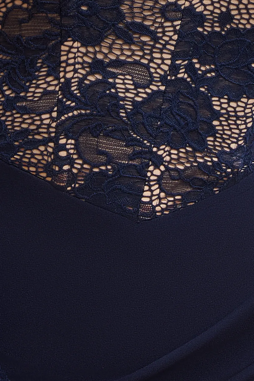 One Shoulder Organza Fan Detail Lace Bodice Maxi Dress - Navy Blue by Goddiva sold by Goddiva product image thumbnail 4
