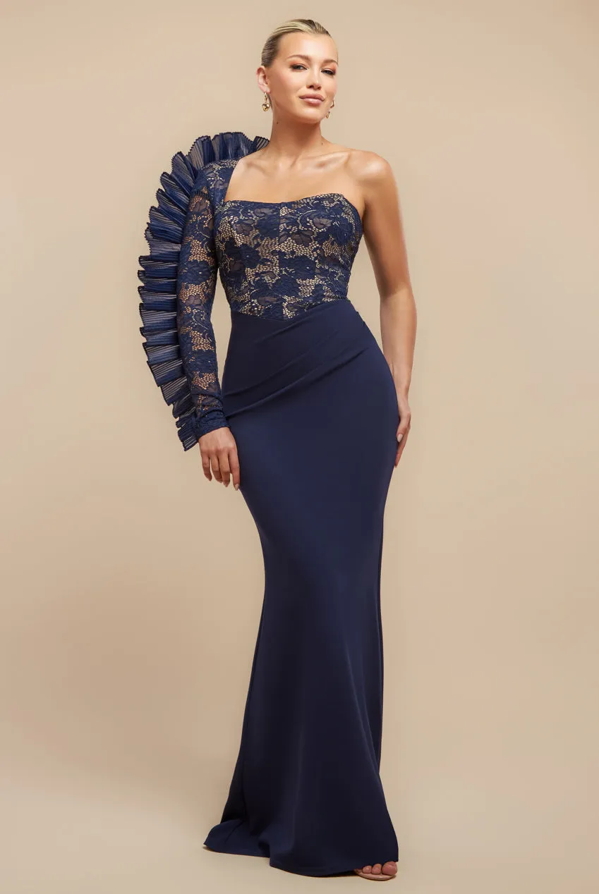 One Shoulder Organza Fan Detail Lace Bodice Maxi Dress - Navy Blue by Goddiva sold by Goddiva