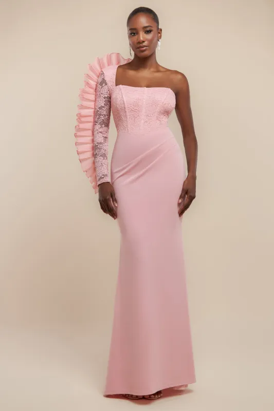 One Shoulder Organza Fan Detail Lace Bodice Maxi Dress - Blush Pink by Goddiva sold by Goddiva