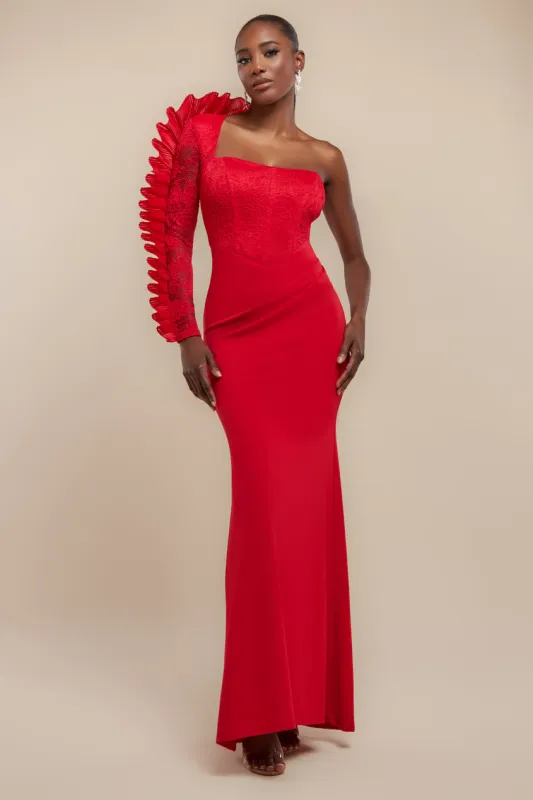 One Shoulder Organza  Fan Detail Lace Bodice Maxi Dress - Red by Goddiva sold by Goddiva