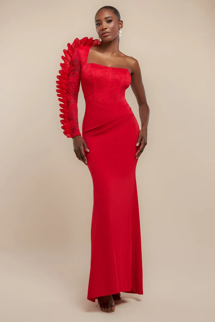 One Shoulder Organza Fan Detail Lace Bodice Maxi Dress - Red by Goddiva sold by Goddiva